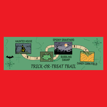Trick or Treat Trail Halloween map banner with haunted house spooky graveyard bubbling swamp and candy corn field on green background