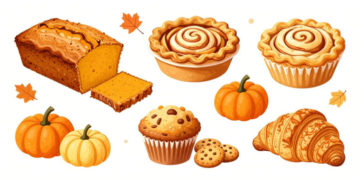 Pumpkin bread slices and autumn pastries are displayed with small pumpkins on a clean transparent background.