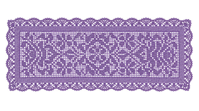 Purple rectangular fabric patch with decorative lace edge isolated on transparent background