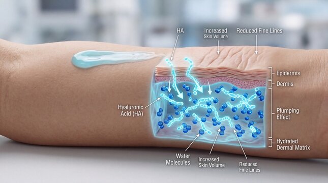 Hyaluronic acid water molecules increased skin volume reduced fine lines hydrated dermal matrix epidermis dermis plumping effect skin care moisturizing hydration anti aging