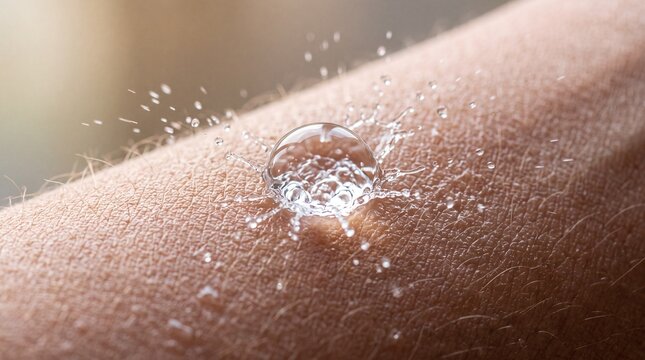 Water droplet splashing on smooth skin, highlighting hydration, moisture, and freshness, ideal for skincare, beauty, and health concepts with close up macro perspective