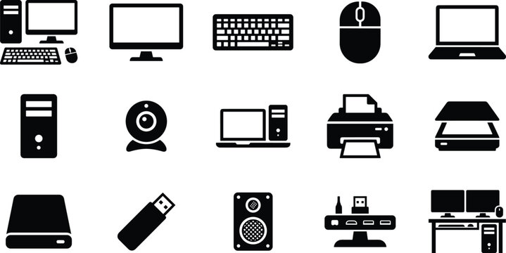 Set of flat black computer hardware icons for office technology equipment