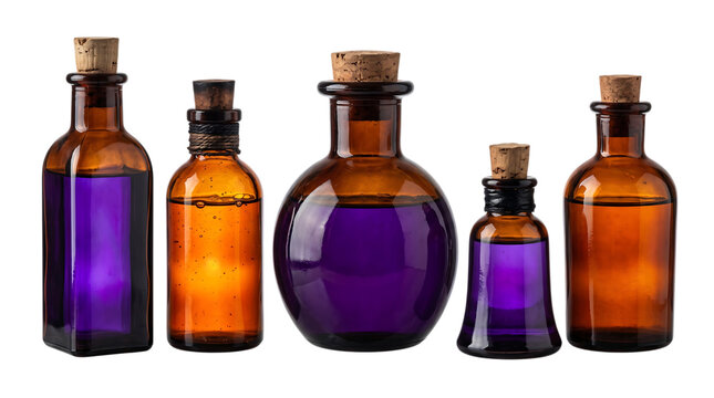 Halloween potion bottles with orange and purple magical liquids vintage glass containers and mystical witchcraft theme isolated on transparent background