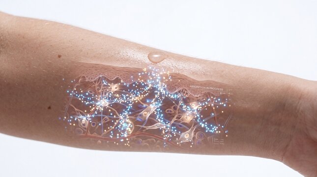 Skin absorption process, skincare technology, hydration, and active ingredient penetration visualized on human arm, highlighting innovative cosmetic science and healthy skin concept
