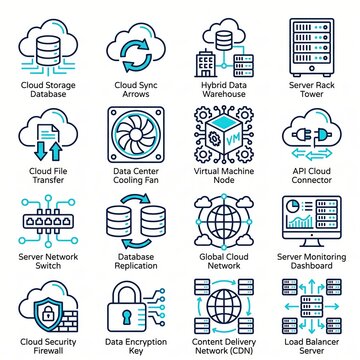 Cloud Storage Infrastructure and Network Data Server Icons Set with CDN Delivery