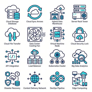 Cloud Computing Architecture and Container Orchestration Icons Set with Big Data