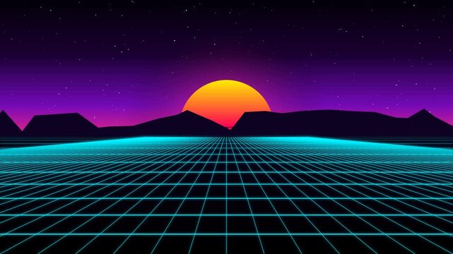 Retro 80s Synthwave Sunset with Neon Grid and Mountains Futuristic Background