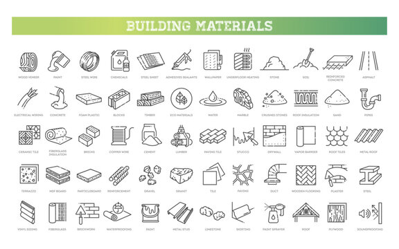 Construction materials isolated icon set