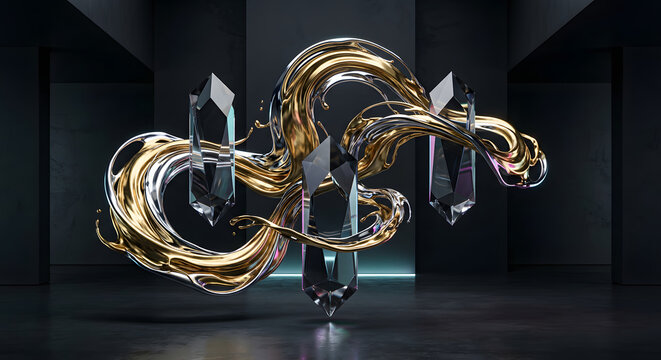 3D Sculpture of Frozen Liquid Gold and Chrome Waves Around Floating Crystals
