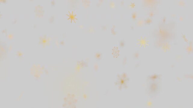 Golden snowflakes falling on a light gray background