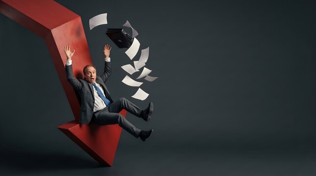 Stressed businessman sliding down a giant red downward arrow representing financial market crash