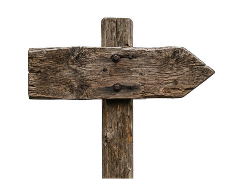 Rustic wooden arrow sign pointing right isolated on transparent background