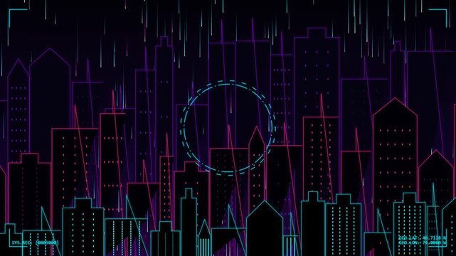 Neon Cyberpunk Cityscape with Digital Rain and HUD Elements Futuristic Background