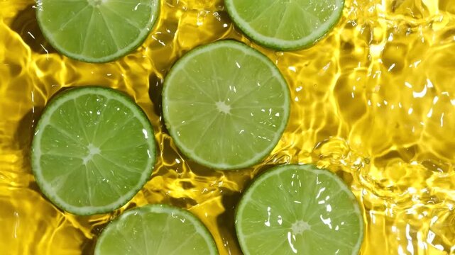 Overhead slow motion of juicy lime halved in bright water with waves