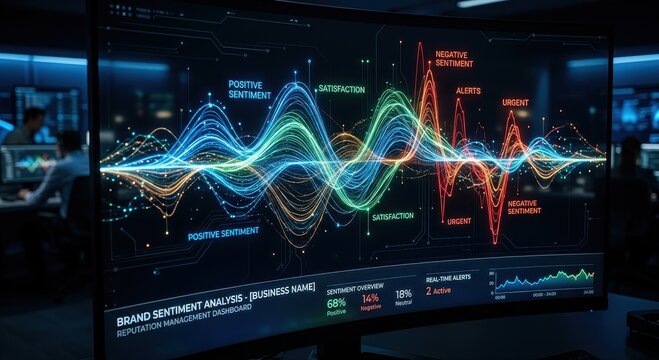 Abstract glowing waveform data visualization on a digital dashboard showcasing sentiment analysis and real-time alerts.