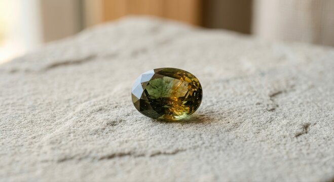 An Oval Faceted Polished Gemstone with Green and Yellow Hues Resting on a Textured Surface