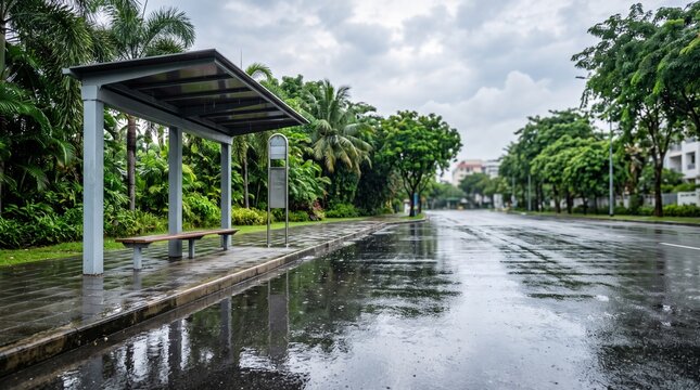 Empty Bus Stop After Rain