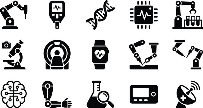 Set of medical and technological science icons featuring laboratory equipment and robotics