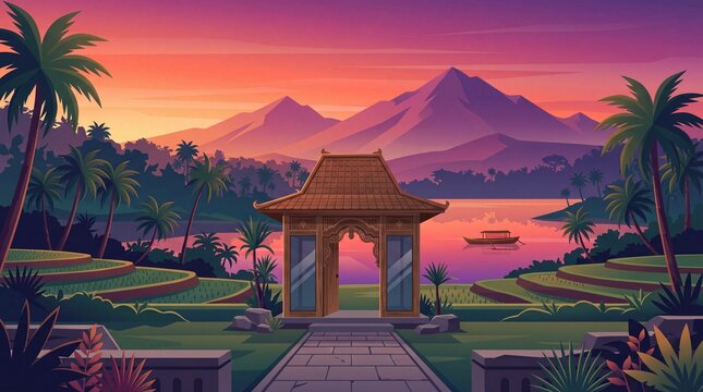East Javanese Limasan Entryway in Minimalist Vector Landscape