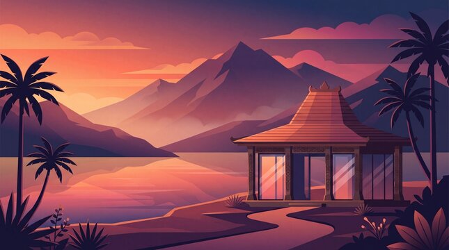 Vector East Javanese Limasan Entryway with Teak Carvings and Cinematic Mountain Landscape