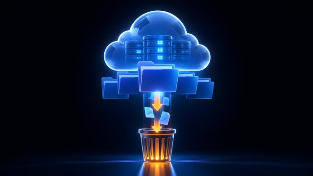 3D render of a glowing digital cloud server dropping files and folders into an illuminated orange trash bin representing cloud data deletion