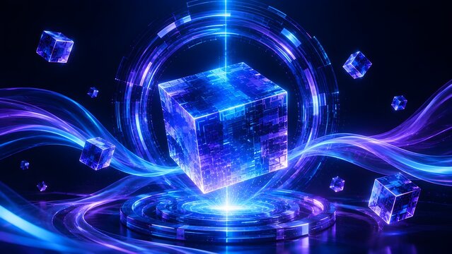 Glowing blue digital cube hovering over a platform inside a circular light portal representing quantum data processing