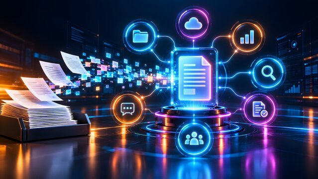 Paper documents flying into a glowing digital document hub surrounded by colorful neon workspace icons representing integrated cloud ecosystem