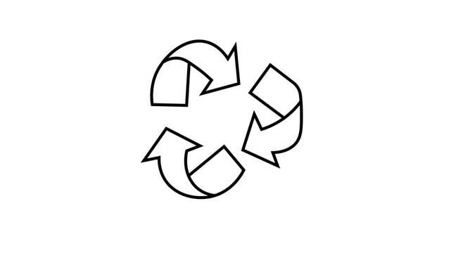 Minimalist 2D line art animation on a solid white background featuring a triangular recycling symbol (Mobius loop) made of three folded arrows.