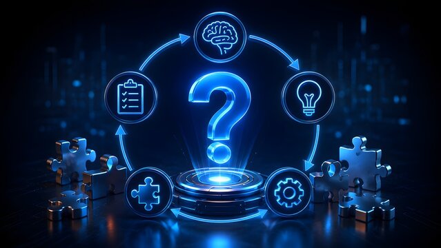 Glowing blue question mark with puzzle pieces and strategy icons representing problem solving and business innovation process