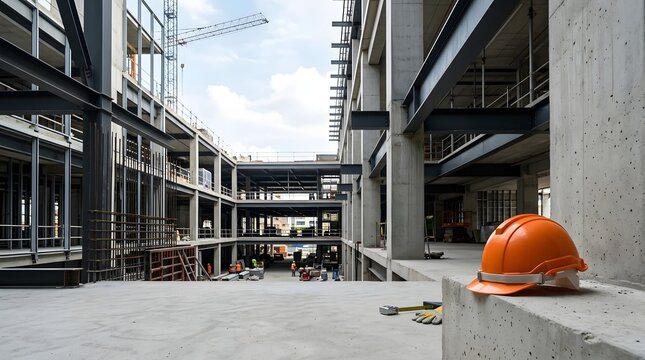Construction site with a hard hat in the foreground modern urban development