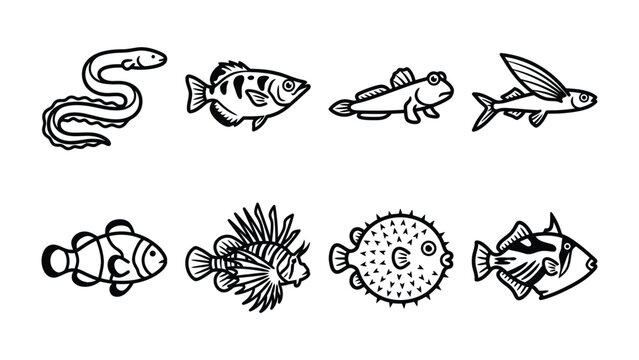 Set of Fish Illustrations: A collection of black and white line art illustrations depicting various aquatic creatures, including an eel, a clownfish, a lionfish, and a pufferfish.