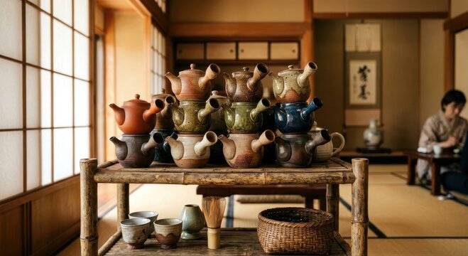 Collection of ceramic Japanese teapots in various colors and styles displayed on a wooden table