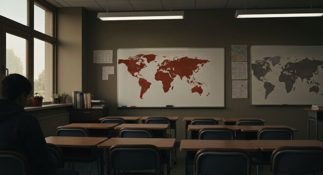 A student sits alone in a classroom, gazing out a window. A large world map, highlighted in red, dominates the wall