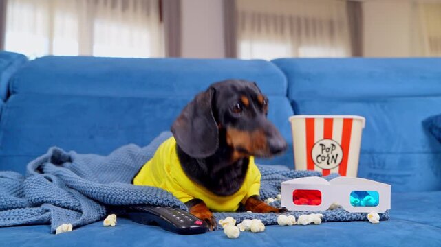 A black and tan dachshund dog in a yellow shirt sits under a knitted blanket on a blue sofa with a striped popcorn bucket, paper anaglyph glasses and a remote, a home cinema premiere idea.