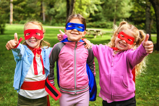Group kids friends Superhero playing togetherness and having fun outdoor