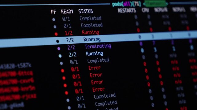 A terminal screen displaying kubernetes pod status with running and error states for cloud infrastructure management monitoring during a developer server debug session task. Zoom