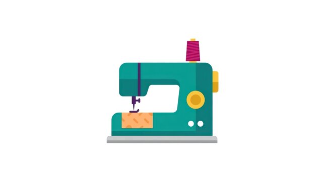 Teal sewing machine illustration with pink thread spool