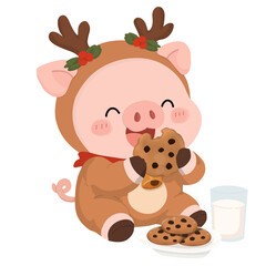 Cute christmas pig in reindeer costume eating cookies with milk vector illustration © ปิยะพงษ์ ฝีปากเพราะ