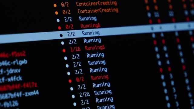A terminal screen displaying kubernetes container deployment statuses, showing active processes and system health monitoring for cloud infrastructure engineering development tasks. Zoom