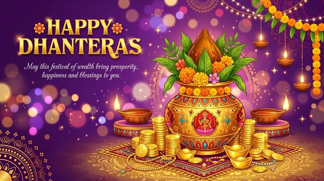 Happy dhanteras greeting with stacks of gold coins, a traditional pot filled with fruits and diyas, symbolizing wealth and prosperity during the indian festival