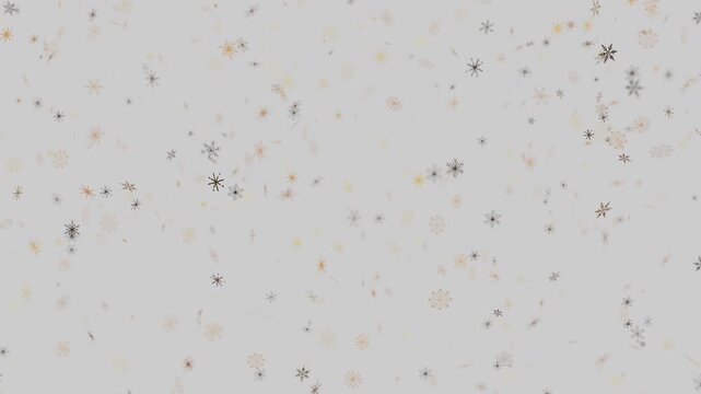 Falling minimalist golden and black snowflakes on gray background