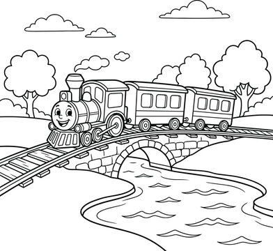 A black and white coloring page featuring a vintage steam locomotive train crossing a small bridge over a river