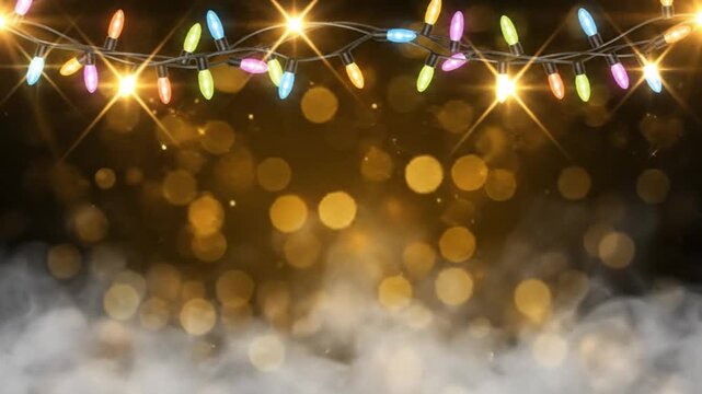 Glowing gold fairy lights with magical smoke and bokeh sparkles as a perfect celebratory video loop background