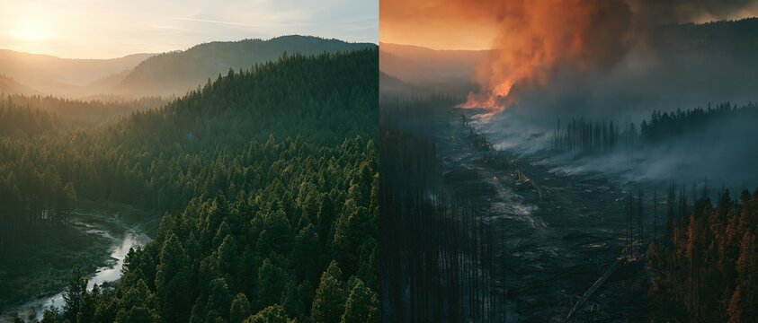 split-screen diptych comparing environmental states: the left side displays a pristine, lush green forest stretching toward while the right side depicts a devastating scene of deforestation