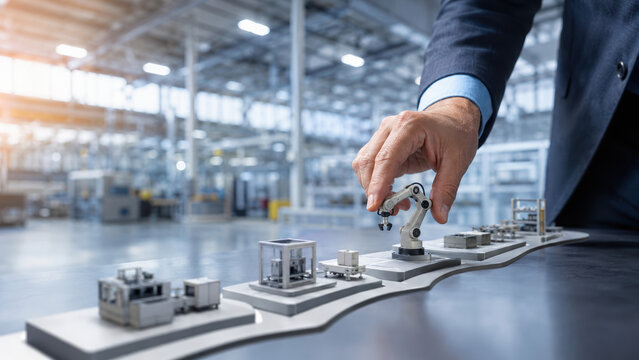 Executive roadmap templates guide industrial automation planning with focused professional hand placing miniature control model in factory