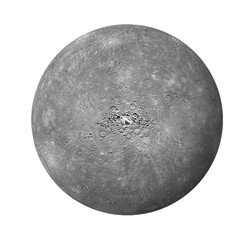 Mercury planet showing cratered rocky surface isolated on white background. Ideal for space exploration and astronomy education graphics. © Barca