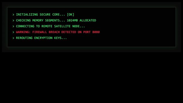 Digital terminal screen displaying firewall breach and system glitch