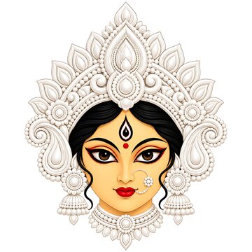 Durga Maa Face Vector Illustration Isolated on Solid White Background
