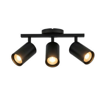 Modern black track lighting fixture with three cylindrical lamps emitting warm glow against pure white background