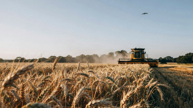 Photorealistic ground-level tractor harvest photograph for agricultural machinery dealerships, equipment catalogs, and service promotions